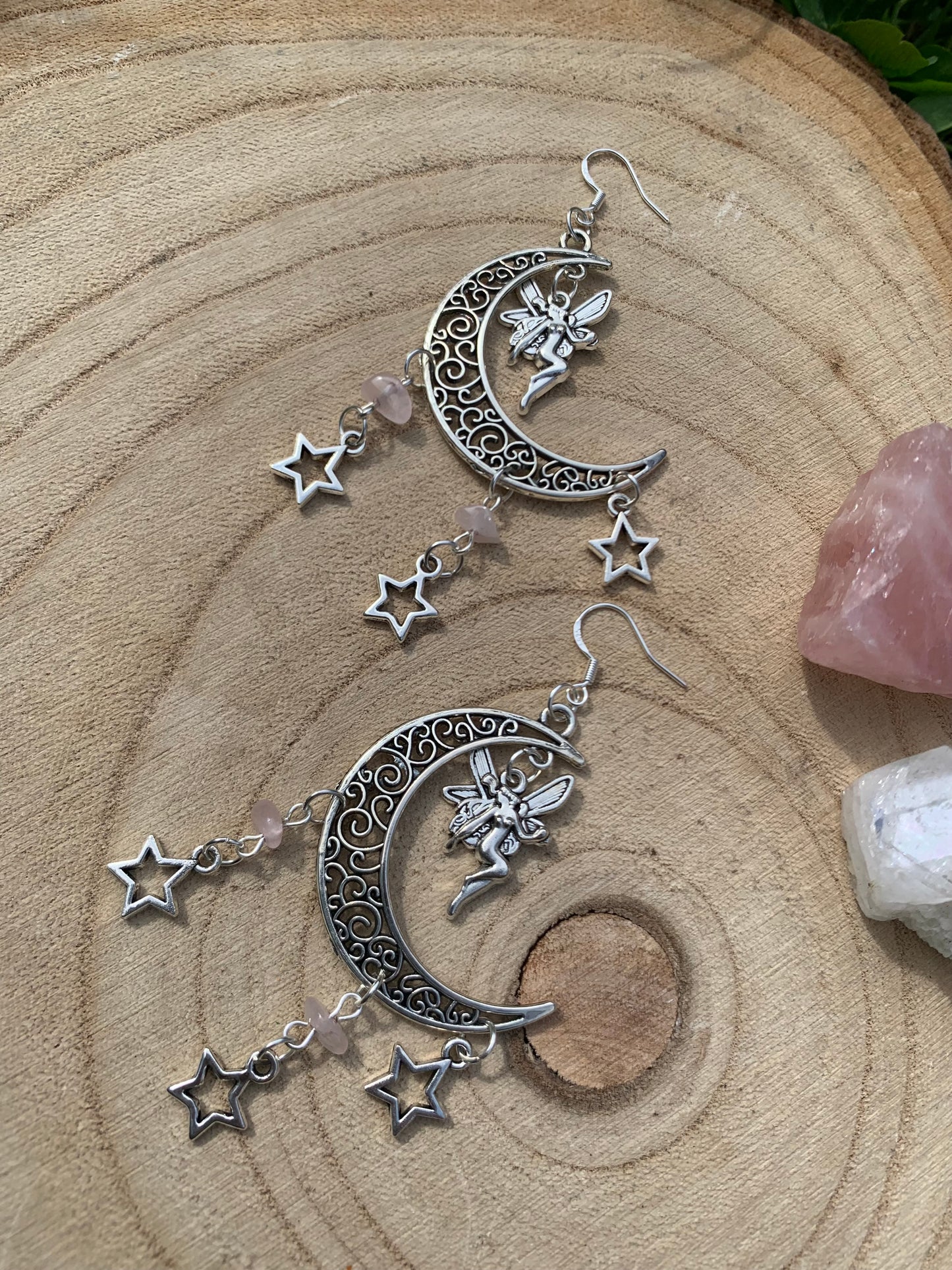 Rose quartz fairy moon dangle earrings ✨🌙🌸