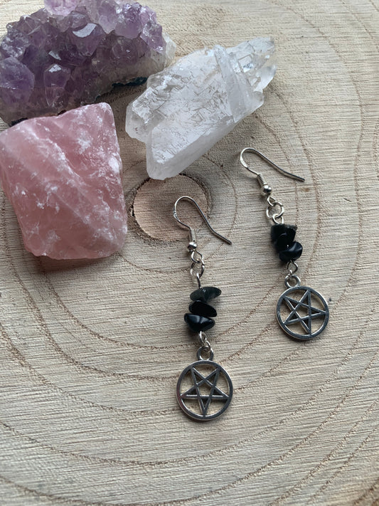 Gothic pentacle black onx protection earrings