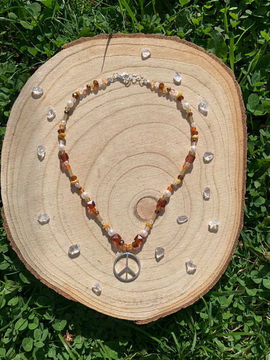 Carnelian and yellow jade crystal hippie style peace necklace ✨☮️✌️